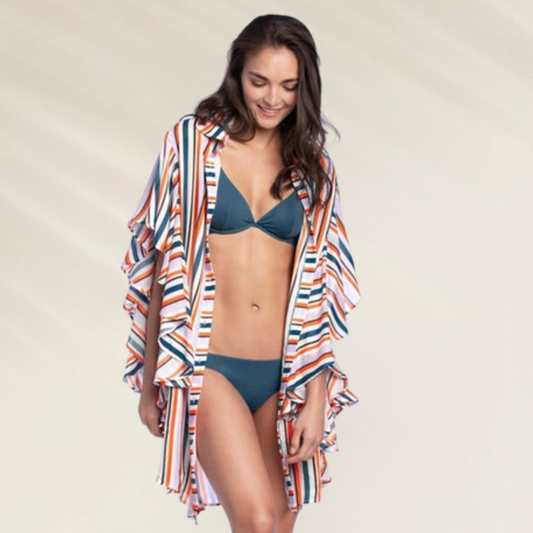 Camiseiro Maaji com Riscas Coloridas e Volantes Laterais, perfeito para looks de verão e praia