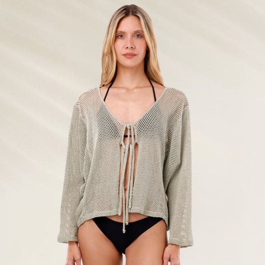 Camiseiro Malha Willowing Green Ritual com decote em V e mangas longas, ideal para looks de verão