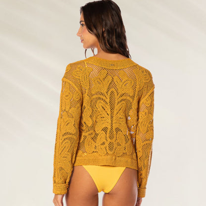 Camisola Botanical Bliss Crochet da Maaji em cor mostarda, com detalhes em crochê e estilo leve para o verão