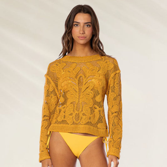 Camisola Botanical Bliss Crochet da Maaji em amarelo, perfeita para usar sobre biquíni na praia