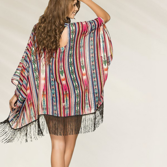 Cardigan Phax Etnico colorido com franjas, ideal para um visual descontraído e moderno