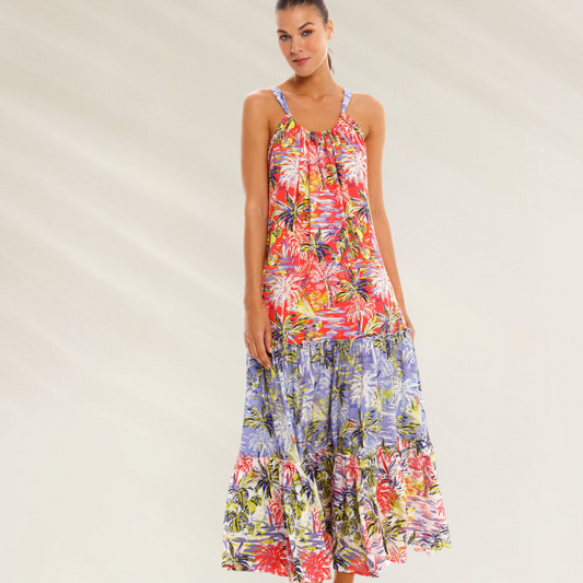 Um vestido leve fluido e irresistivelmente tropical Cosita Linda com estampa floral colorida e design comprido