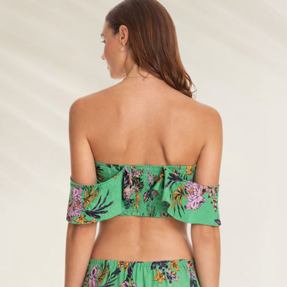 Crop Top Conversível com Folhos em Verde Floral para Estilo Casual e Verão