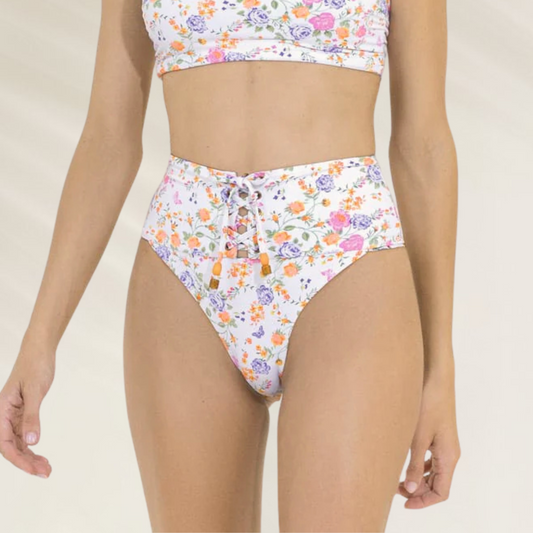 Cueca Cintura Subida de padrão floral Reversível da Maaji com detalhe franzido frontal e estampa colorida
