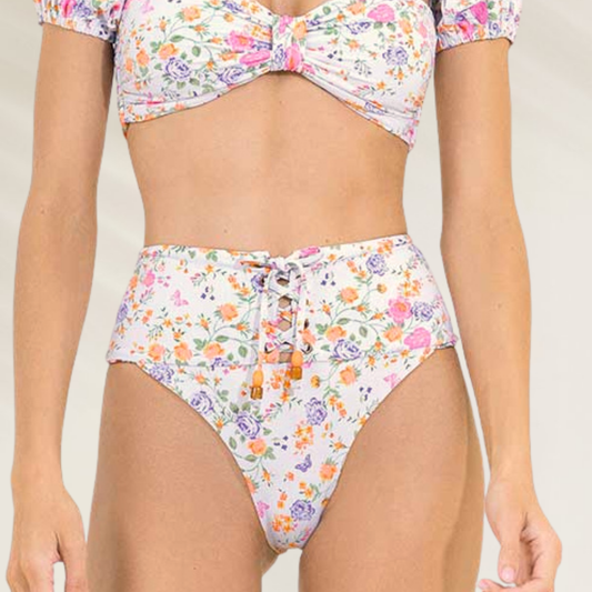 Cueca Cintura Subida de padrão floral Reversível da Maaji com estampa colorida e detalhe de amarração frontal