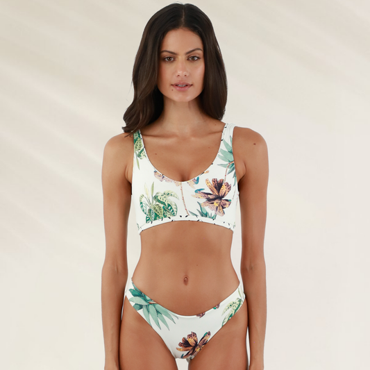 Cueca reversivel Malai de corte medio e floral com estampa tropical perfeita para dias de praia