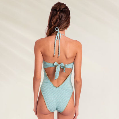 Fato de Banho Bandeau Shiny Aquamarine com detalhe nas costas e laço ajustável