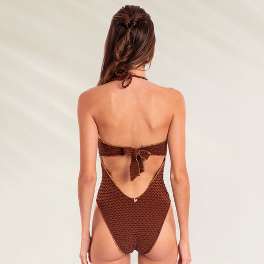 Fato de Banho Bandeau Shiny Mocha com design elegante e detalhe trançado nas costas