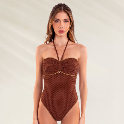 Fato de Banho Bandeau Shiny Mocha com design elegante e tecido brilhante, ideal para a praia