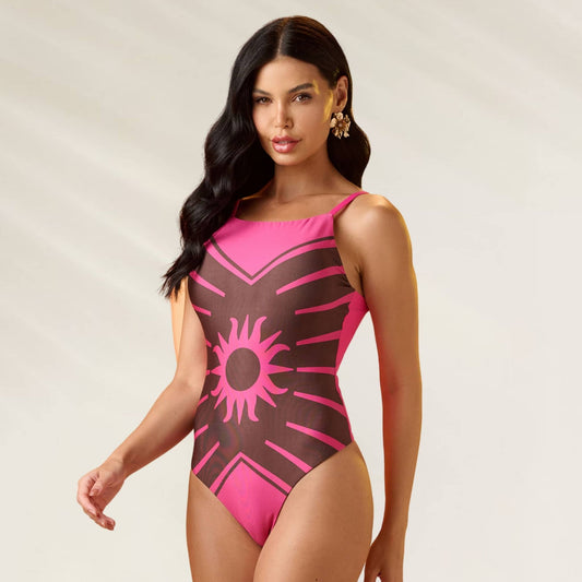 Fato de Banho Colorful Sun em rosa e marrom com design estilizado para o verão