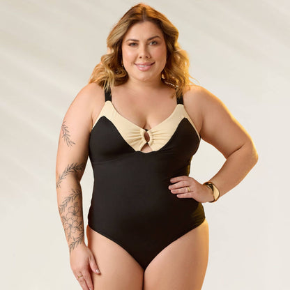 Fato de Banho Curvy Decote U em preto e bege com detalhe em laço na frente