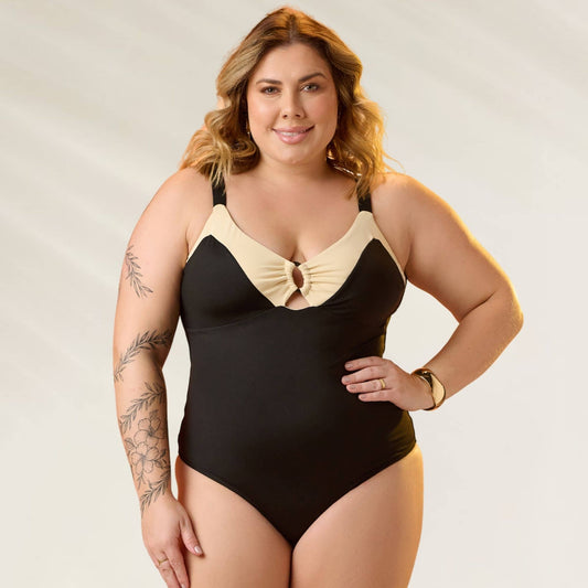 Fato de Banho Curvy Decote U em preto e bege com detalhe em laço na frente