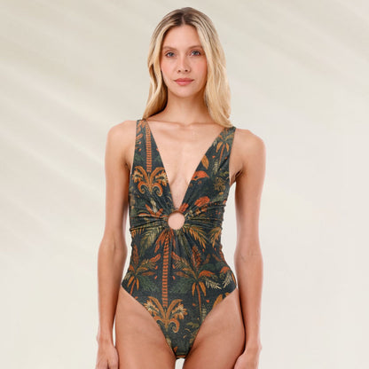 Fato de Banho Decote Profundo em estampas tropicais com detalhe em círculo na cintura