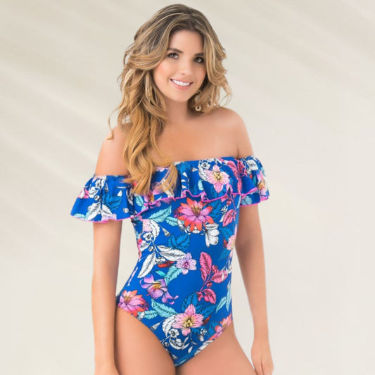 Fato de Banho Floral com Folhos da Phax em azul vibrante com estampa floral colorida