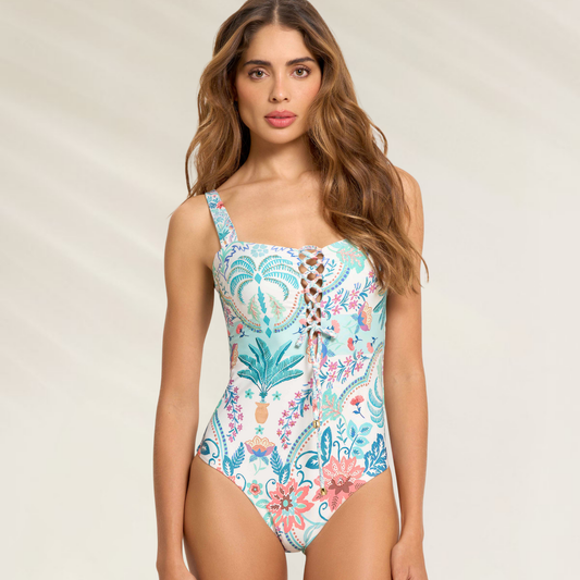 Fato de Banho Floral Lace-Up da Cosita Linda com estampa vibrante e detalhes em corda