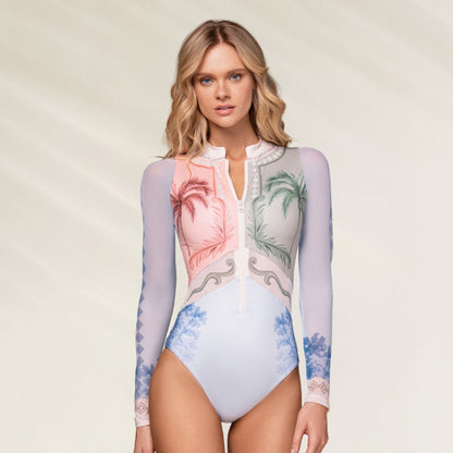 Fato de Banho Manga Comprida Olimpo com estampa tropical e zíper frontal, ideal para praia e piscina