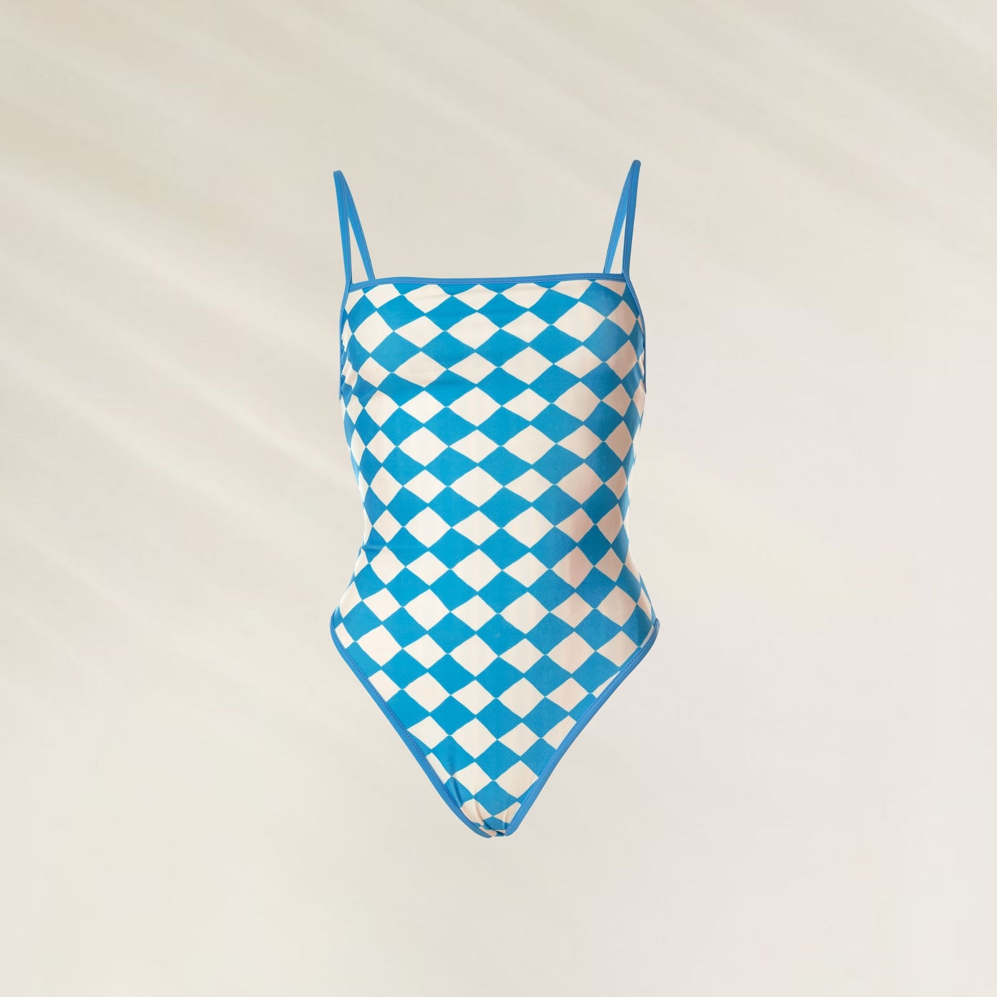Fato de Banho Prism Wave Biella em azul e branco com estampa de losangos e alças finas