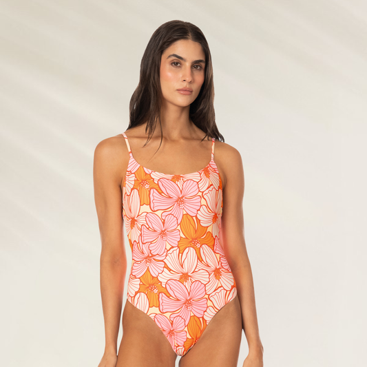 Fato de Banho Retro Bloom da Maaji em estampa floral laranja e rosa com alças finas