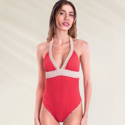 Fato de Banho Reversível Anaconda em vermelho com detalhe em bege e decote em V para conforto e estilo