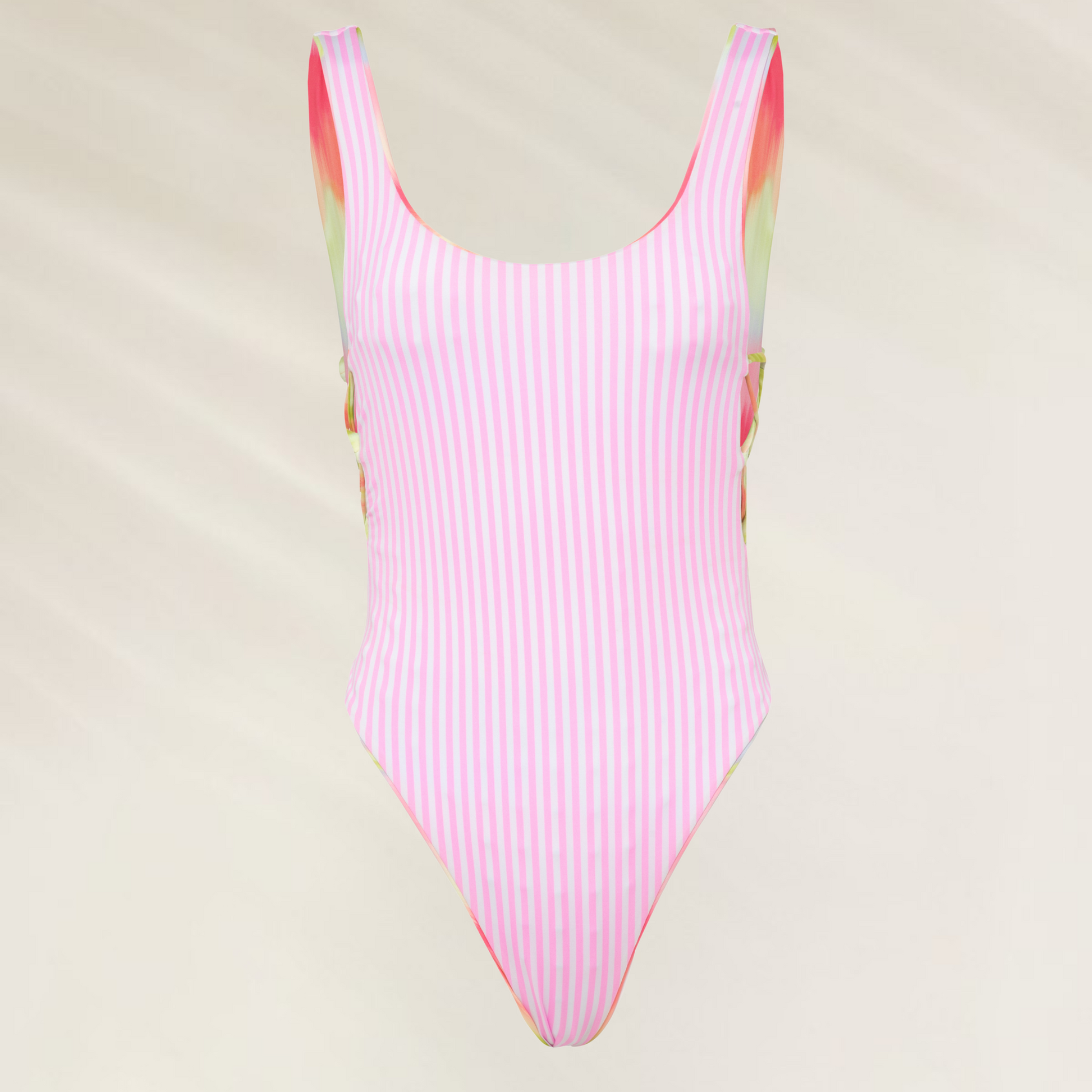 Fato de banho reversivel Maaji Lime Ombre Mika com listras rosa e detalhes coloridos nas laterais