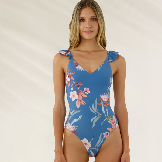 Fato de Banho Reversível Malai com Folhos e Decote em V em azul com estampado floral