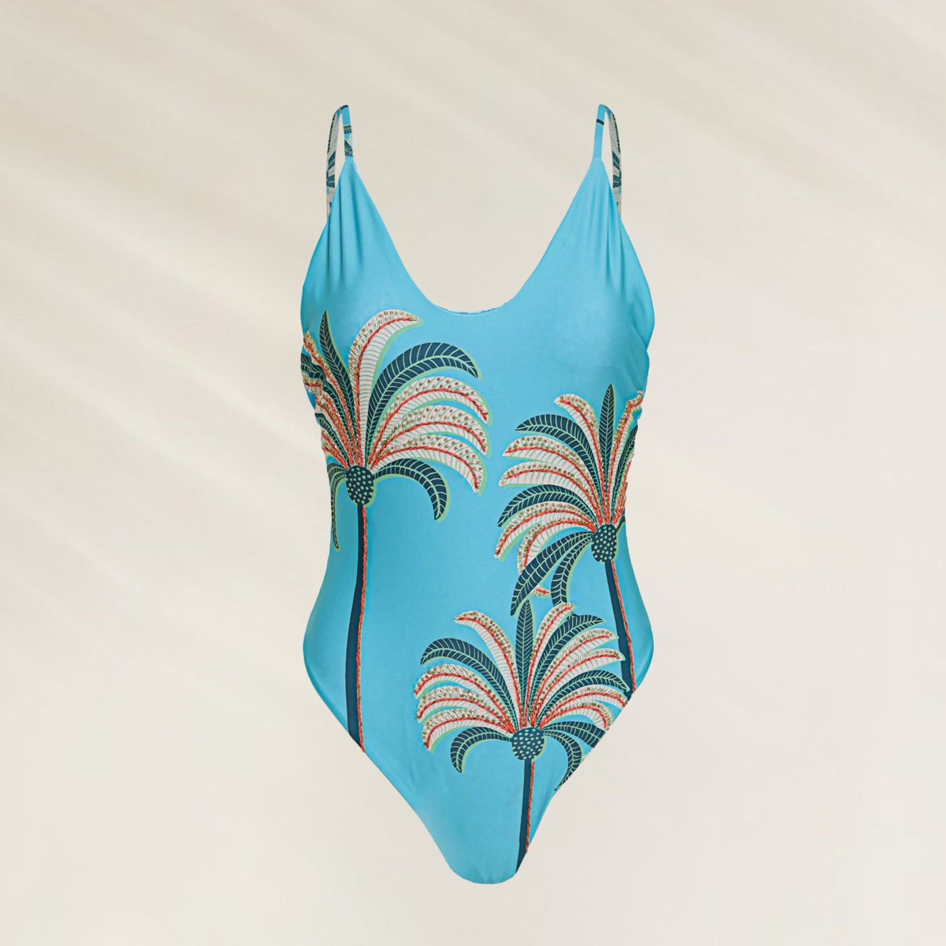 Fato de Banho Reversível Pacific Breeze da Maaji com estampa de palmeiras em azul vibrante