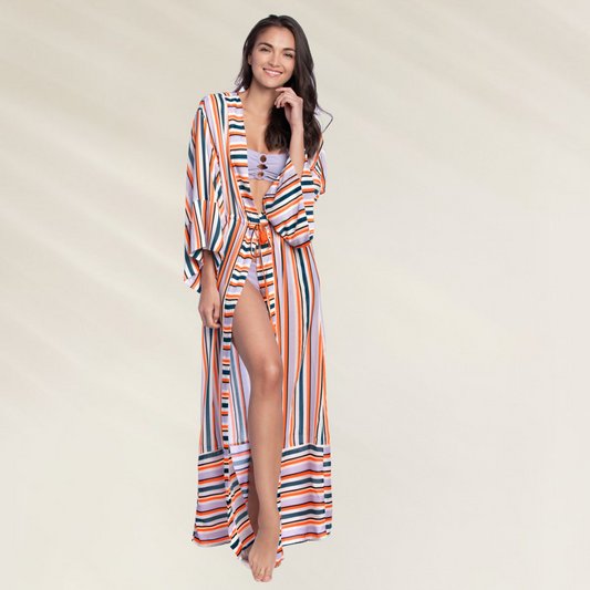 Kimono Comprido Maaji com Listras Tropicais e Cintura Ajustável, ideal para looks de verão e praia