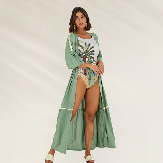 Kimono longo Debrisa Pistache Tropicalle, com design leve e elegante, ideal para dias ensolarados na praia
