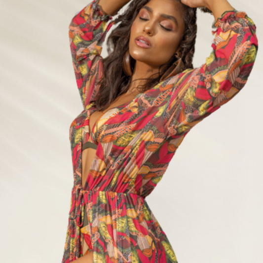 Kimono longo Debrisa Tropicana com estampa vibrante em cores tropicais e mangas longas