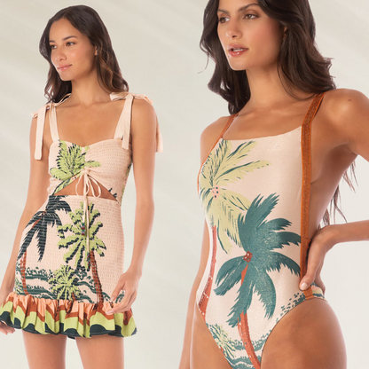 BUNDLE - Vestido Curto Tamanho M com estampa tropical e Fato de Banho Maaji com estampa de palmeiras