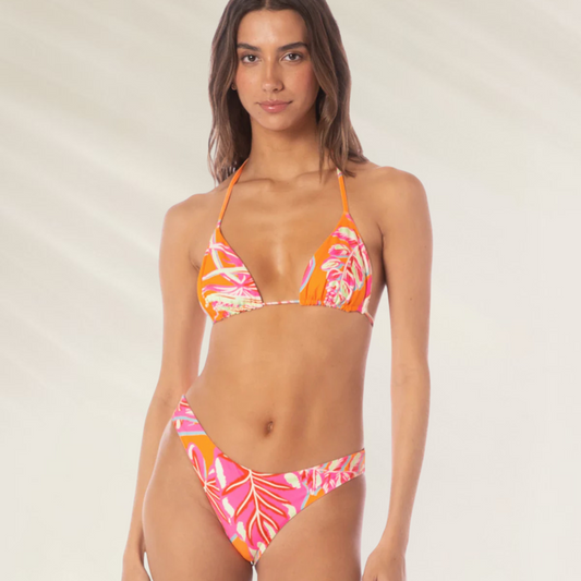 Cueca Reversível Flirt Maaji com estampa tropical em tons rosa e laranja para biquíni