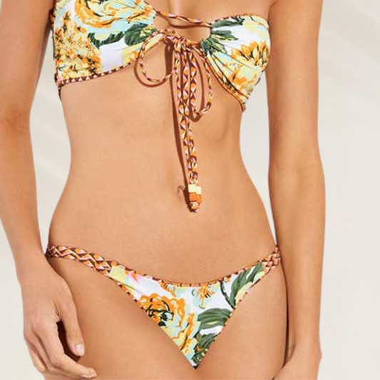 Cueca Semithong Reversível Maaji estampada com floral amarelo e verde estilo biquini