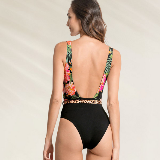 Fato de Banho Reversível com Sustentabilidade Maaji com estampa floral colorida e parte inferior preta