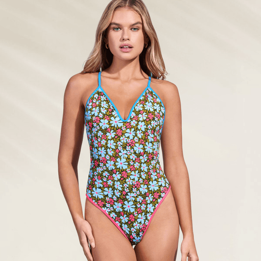 Fato de Banho Reversível Corte Latino Maaji feminino com estampa floral colorida e alças finas azuis