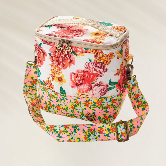 Lancheira Maaji com padrão Floral branca e rosa com alça removível ajustável e zíper duplo