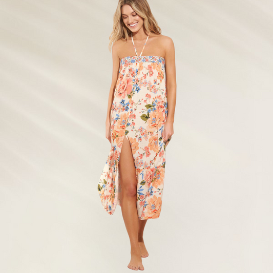 Saia/Vestido com padrão floral da Maaji em tecido leve com fenda frontal e estampa colorida