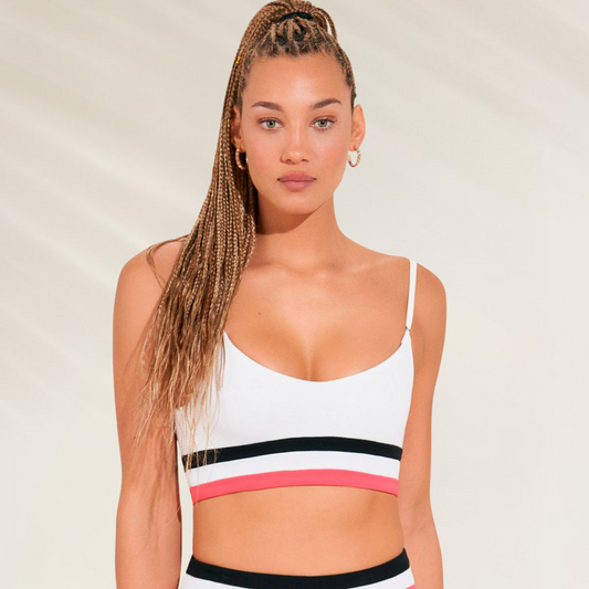 Top Bralette Desportivo Reversível Maaji branco com alças finas e faixas pretas e rosa para praia e piscina