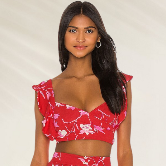 Top Maaji Floral Vermelho crop top versátil com nó ajustável em tecido leve com estampa floral