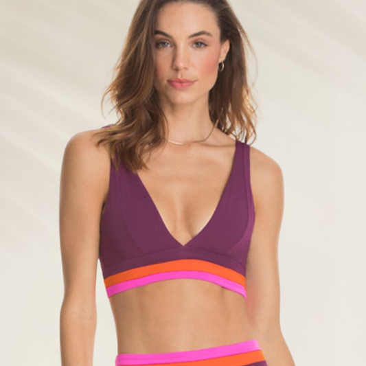 Top Reversível Halter Maaji em roxo com detalhes em neon para estilo vibrante na praia