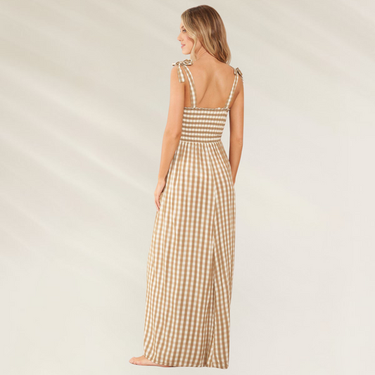 Vestido Comprido com Alças Ajustáveis Maaji em estampa xadrez bege e branco, modelo longo e leve