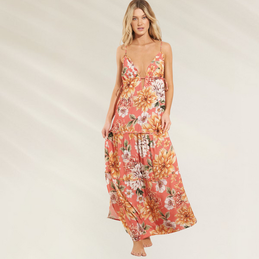 Vestido Comprido Floral com Alças Ajustáveis Maaji em tons de laranja com estampa de flores grandes