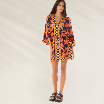 Vestido Kaftan Joypop decote em V Maaji com estampa colorida e cintura ajustável em tecido leve