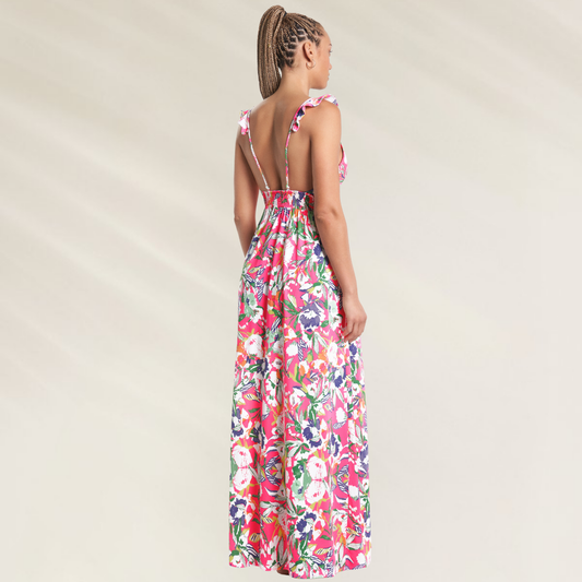 Vestido Longo Floral com Alças Ajustáveis Maaji em tecido leve e estampado com flores coloridas