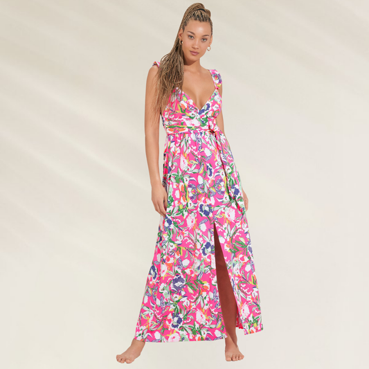 Vestido Longo Floral com Alças Ajustáveis Maaji em tecido leve com fenda frontal e estampa colorida vibrante
