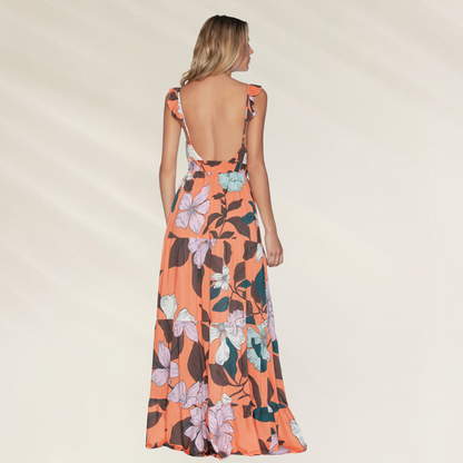 Vestido Longo Floral com Decote em V Maaji laranja com estampas grandes e costas abertas