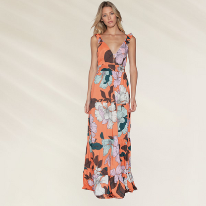 Vestido Longo Floral com Decote em V Maaji em tecido leve com estampa laranja e flores grandes coloridas