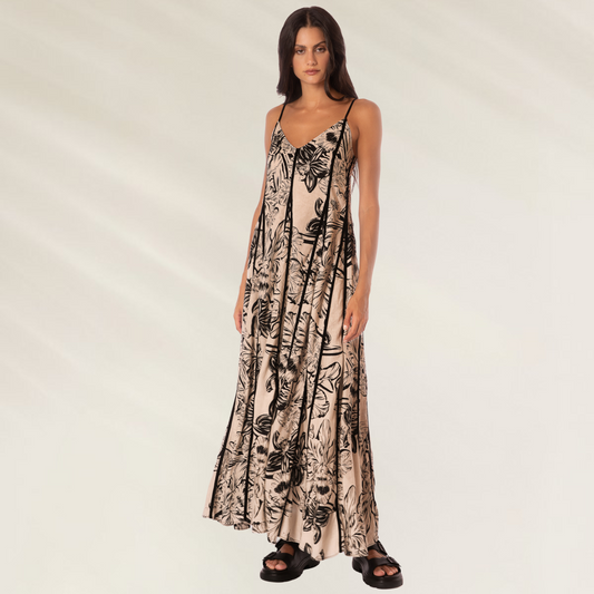 Vestido Longo Lily da Maaji com estampa floral em tons neutros e alças finas