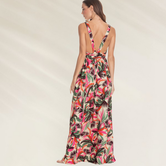 Vestido Longo Maaji – Elegância Tropical com Decote Profundo padrão floral colorido vista traseira