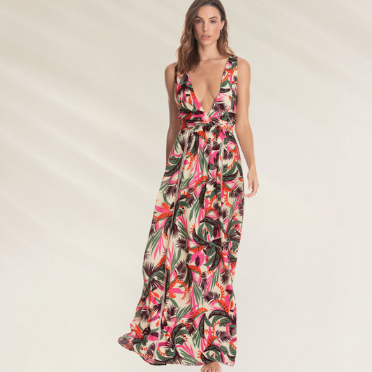 Vestido Longo Maaji – Elegância Tropical com Decote Profundo em tecido flowy com estampa de folhas coloridas