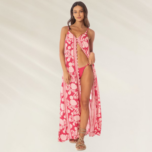 Vestido Longo Oasis Candy Flowery Maaji em estampa floral vermelha e rosa com botões frontais